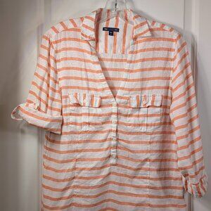 Gap Women's Orange & White Striped Linen-Blend Easy Shirt with Roll-Tab Sleeves